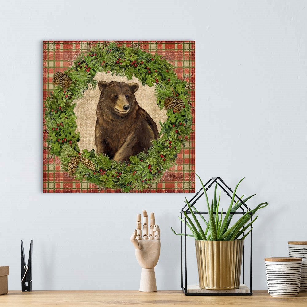 A bohemian room featuring Portrait of a bear inside a seasonal wreath.