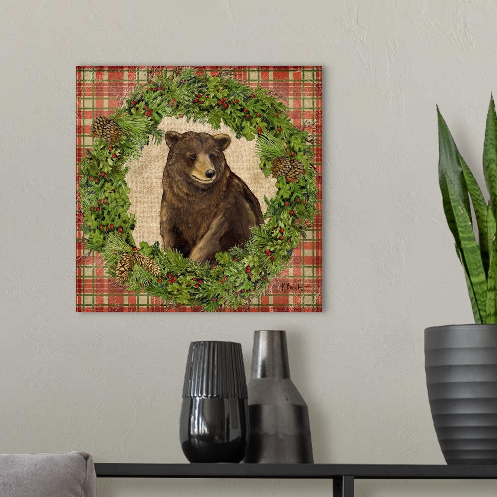 A modern room featuring Portrait of a bear inside a seasonal wreath.