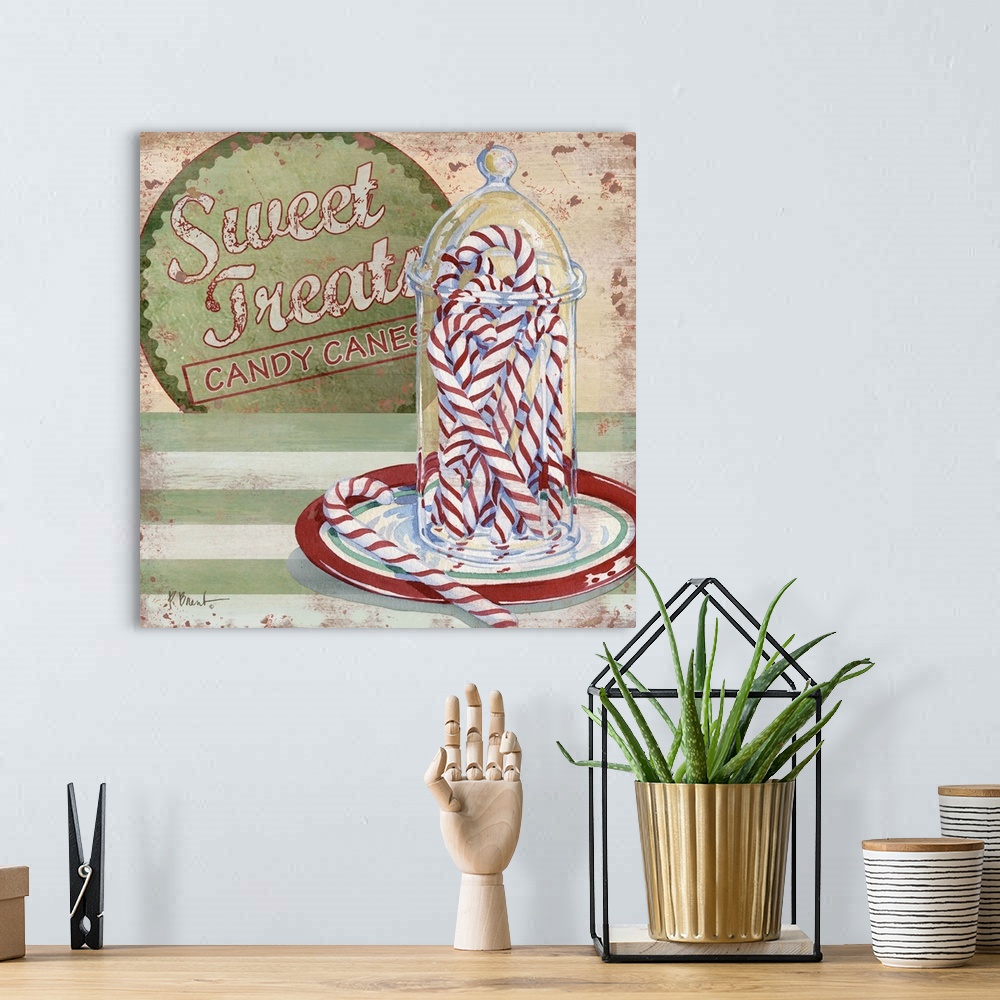 A bohemian room featuring Festive artwork featuring several striped candy canes in a glass jar.