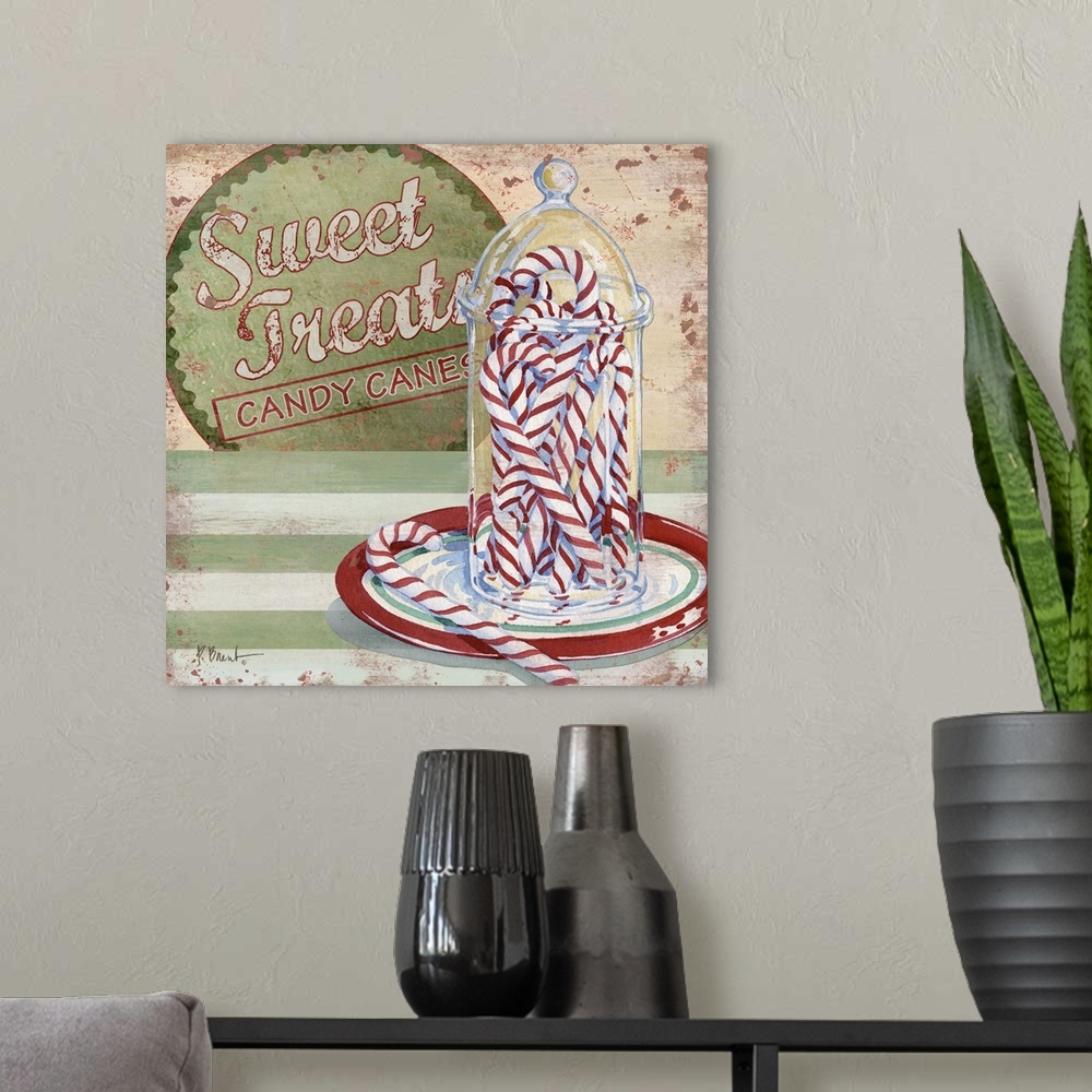 A modern room featuring Festive artwork featuring several striped candy canes in a glass jar.