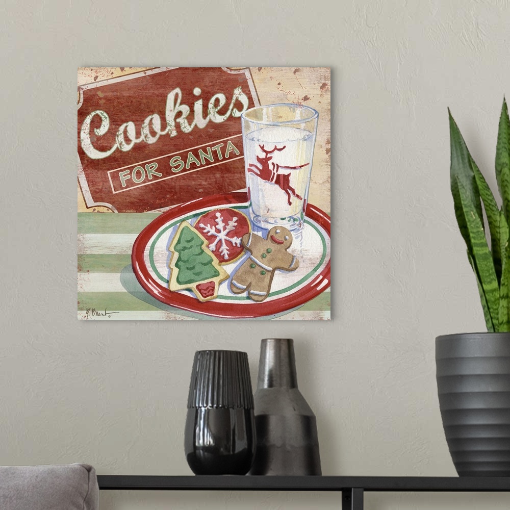 A modern room featuring Festive artwork featuring sugar cookies and a glass of milk.