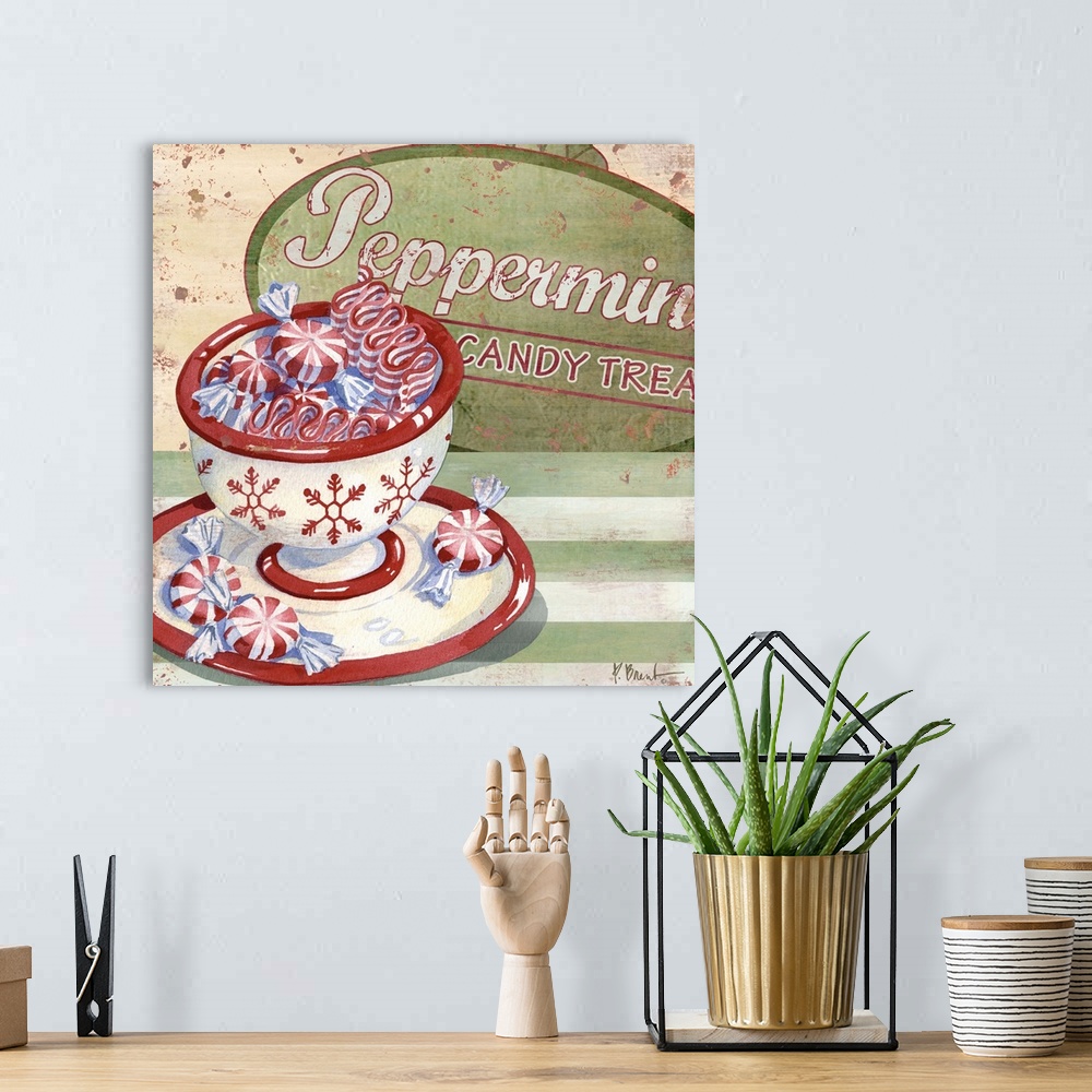 A bohemian room featuring Festive artwork of a cup full of peppermint candies.
