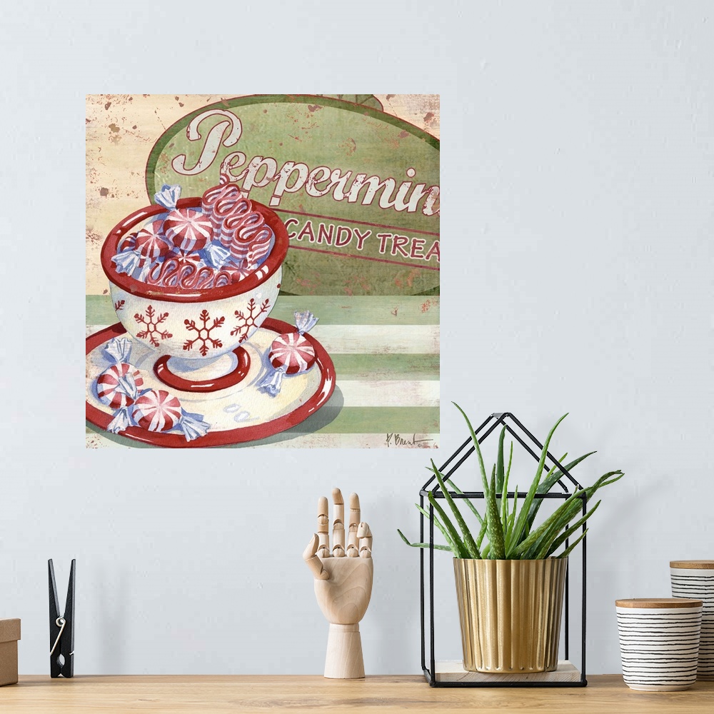 A bohemian room featuring Festive artwork of a cup full of peppermint candies.