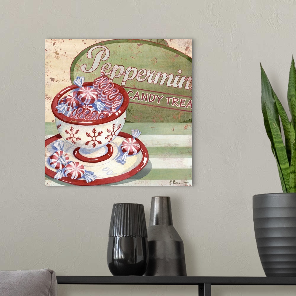A modern room featuring Festive artwork of a cup full of peppermint candies.