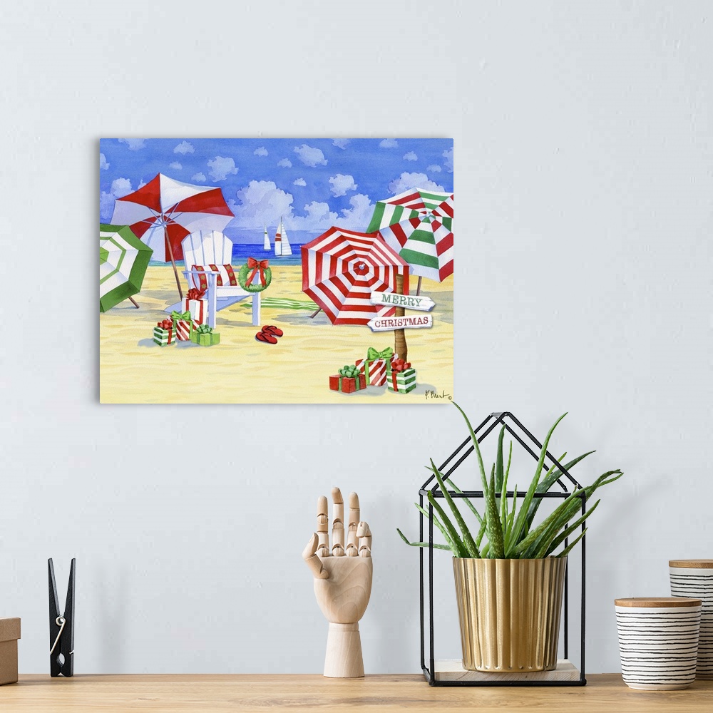 A bohemian room featuring Watercolor painting of festive red and green umbrellas on a sunny beach.