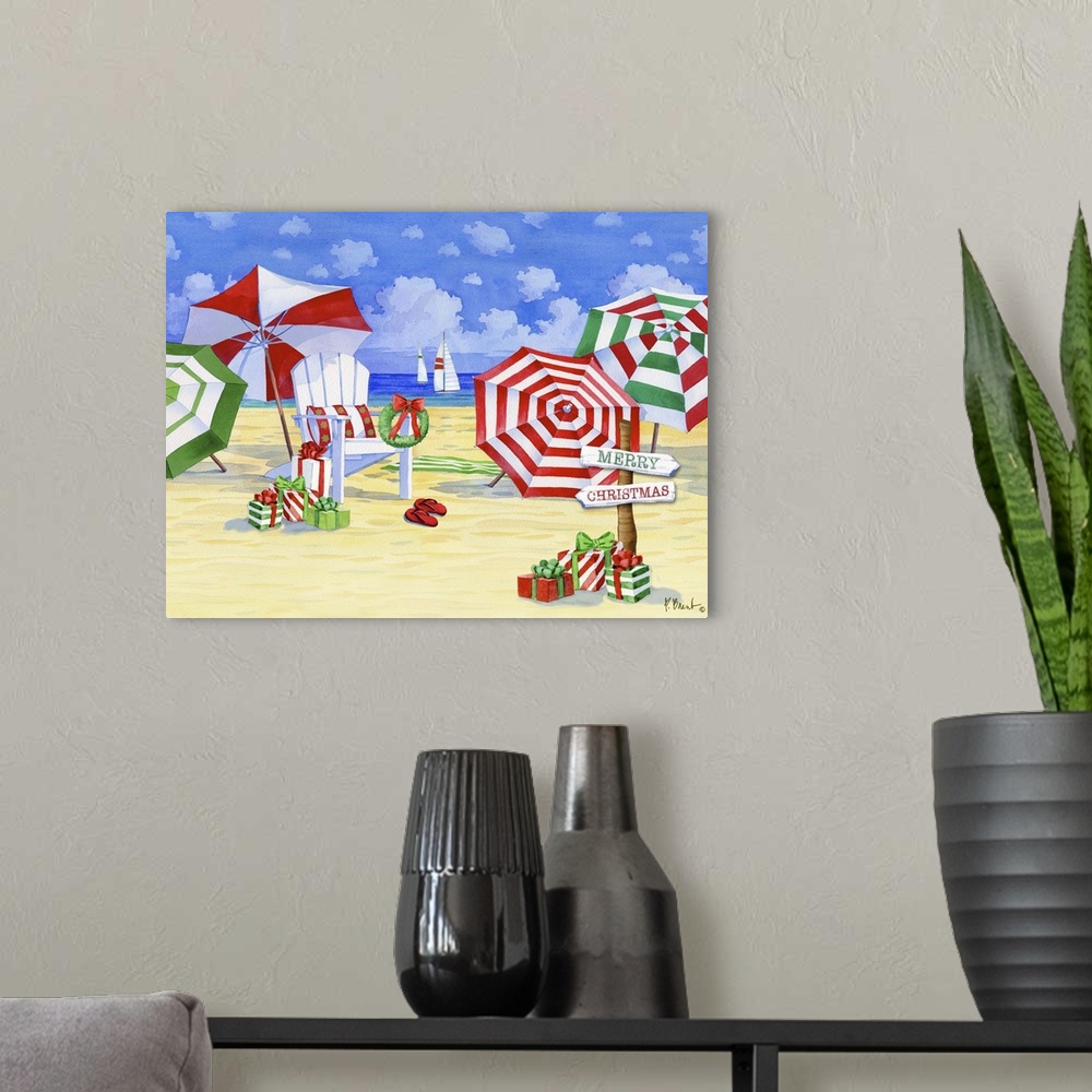 A modern room featuring Watercolor painting of festive red and green umbrellas on a sunny beach.