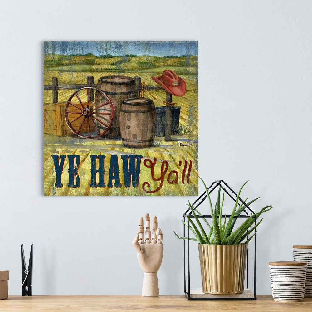 A bohemian room featuring An assortment of cowboy-themed items including a wagonwheel, barrel, and hat.