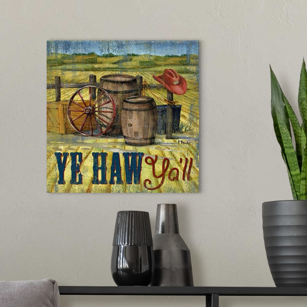 A modern room featuring An assortment of cowboy-themed items including a wagonwheel, barrel, and hat.