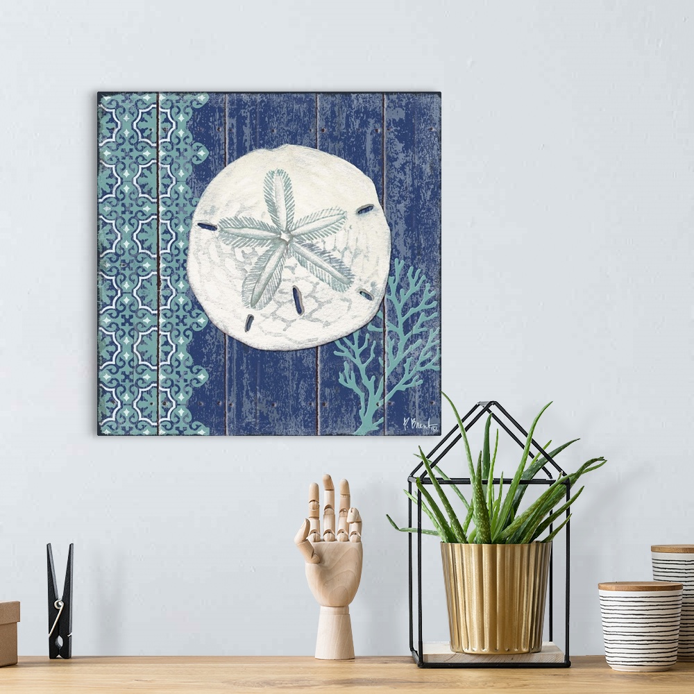 A bohemian room featuring Contemporary decorative artwork of a sand dollar in teal tones on a textured panel background.