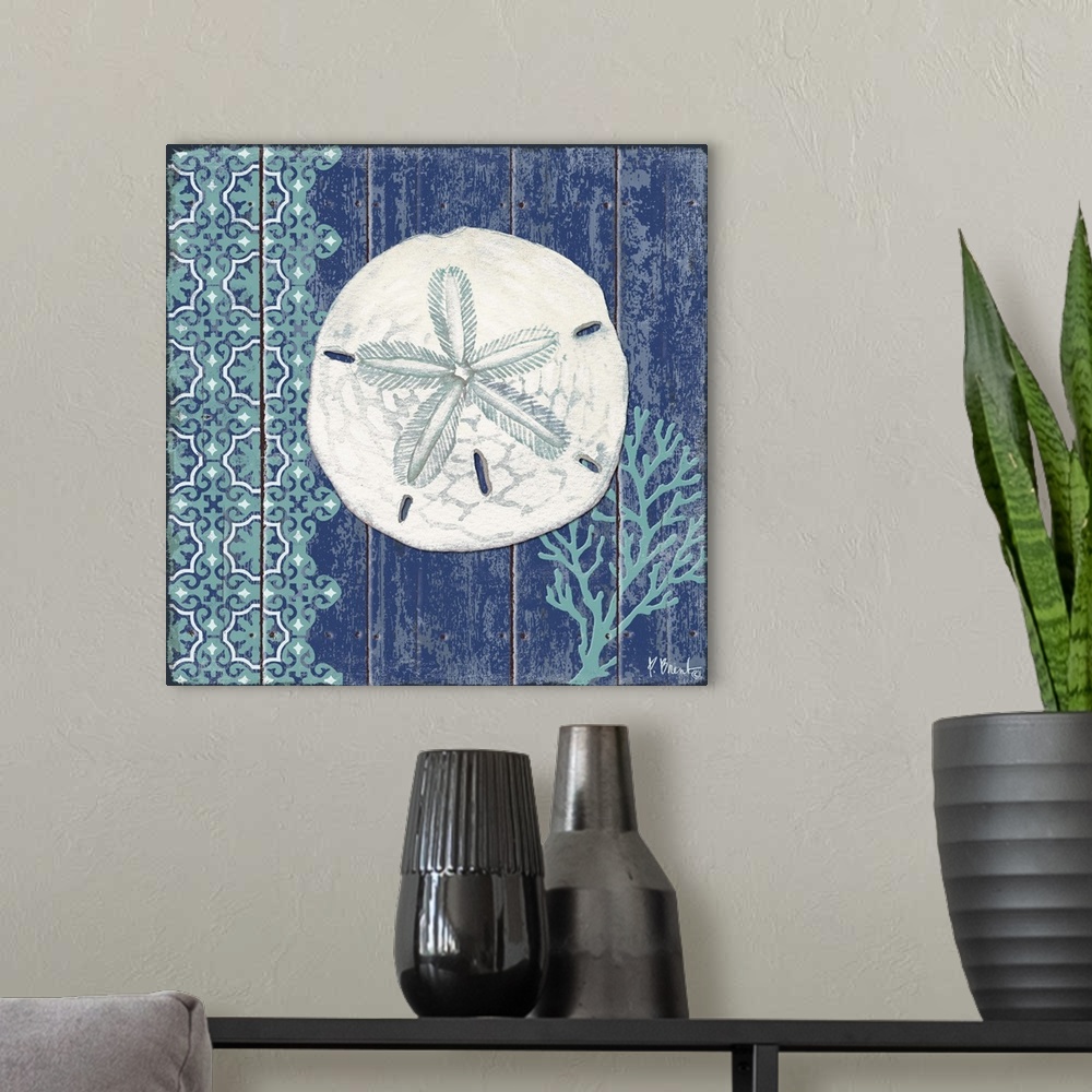 A modern room featuring Contemporary decorative artwork of a sand dollar in teal tones on a textured panel background.