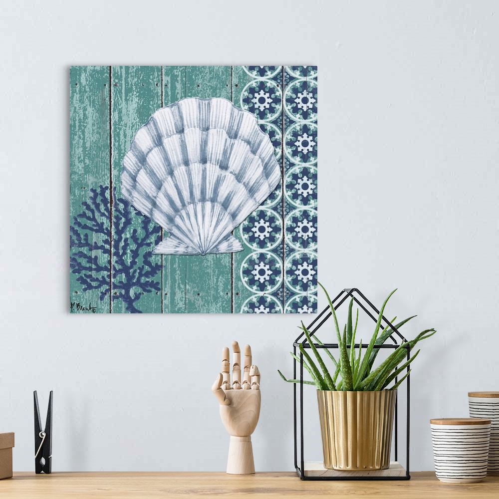 A bohemian room featuring Contemporary decorative artwork of a scallop shell with a coral element on a textured panel backg...