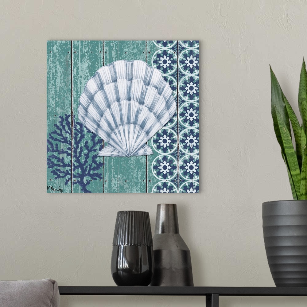 A modern room featuring Contemporary decorative artwork of a scallop shell with a coral element on a textured panel backg...