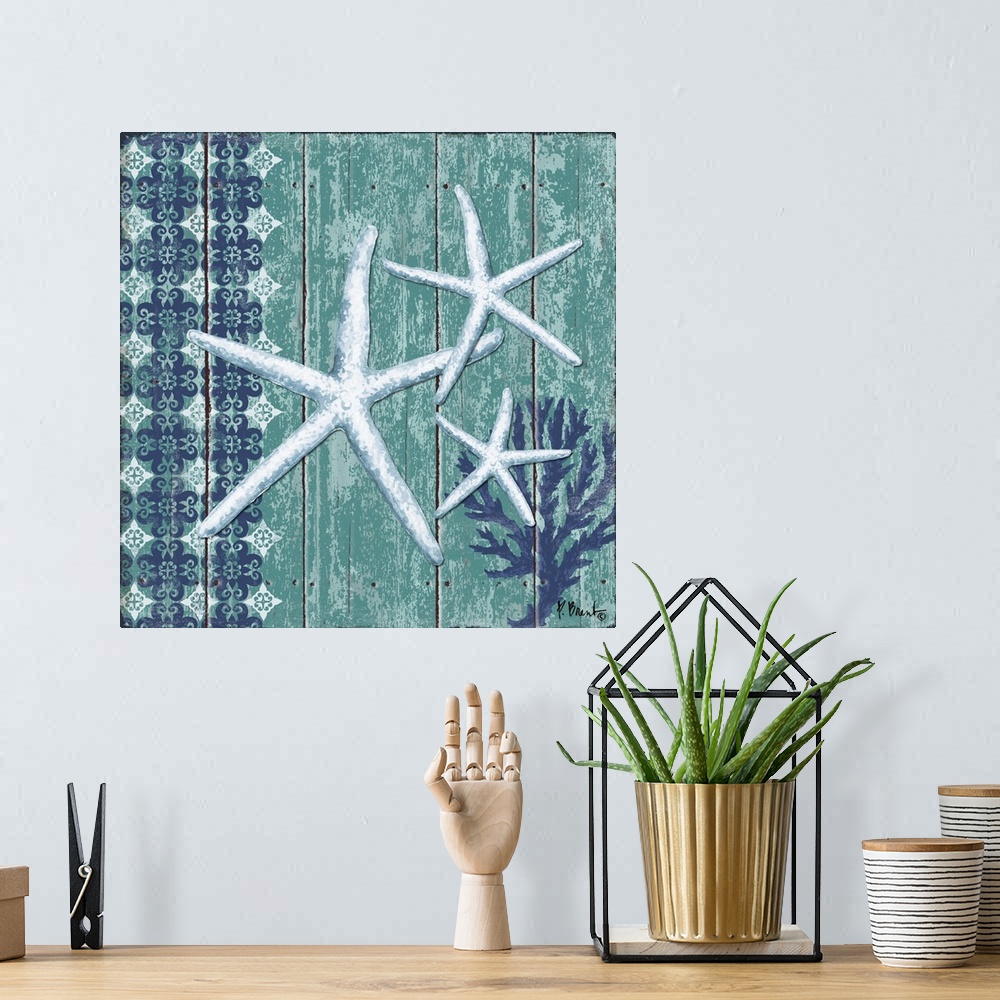 A bohemian room featuring Decorative artwork featuring three starfish on a faux wood panel background in turquoise hues.