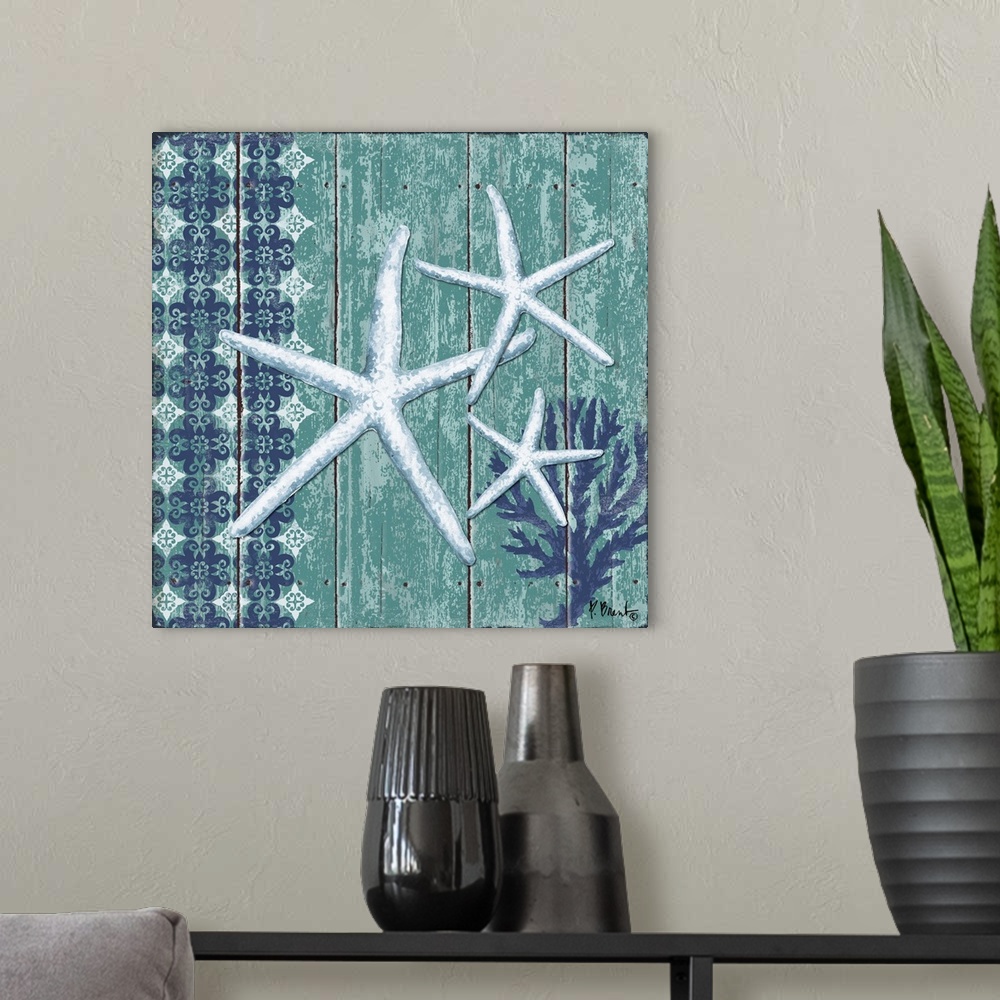 A modern room featuring Decorative artwork featuring three starfish on a faux wood panel background in turquoise hues.