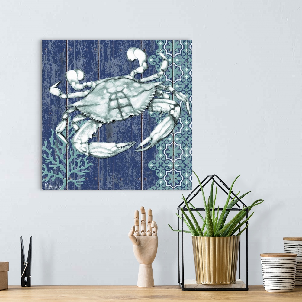 A bohemian room featuring Contemporary decorative artwork of a crab with coral and a floral pattern on a textured panel bac...