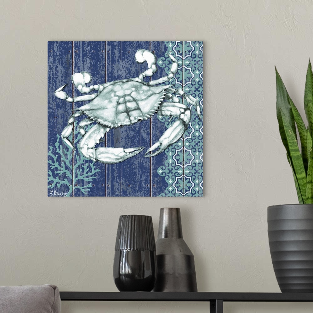 A modern room featuring Contemporary decorative artwork of a crab with coral and a floral pattern on a textured panel bac...