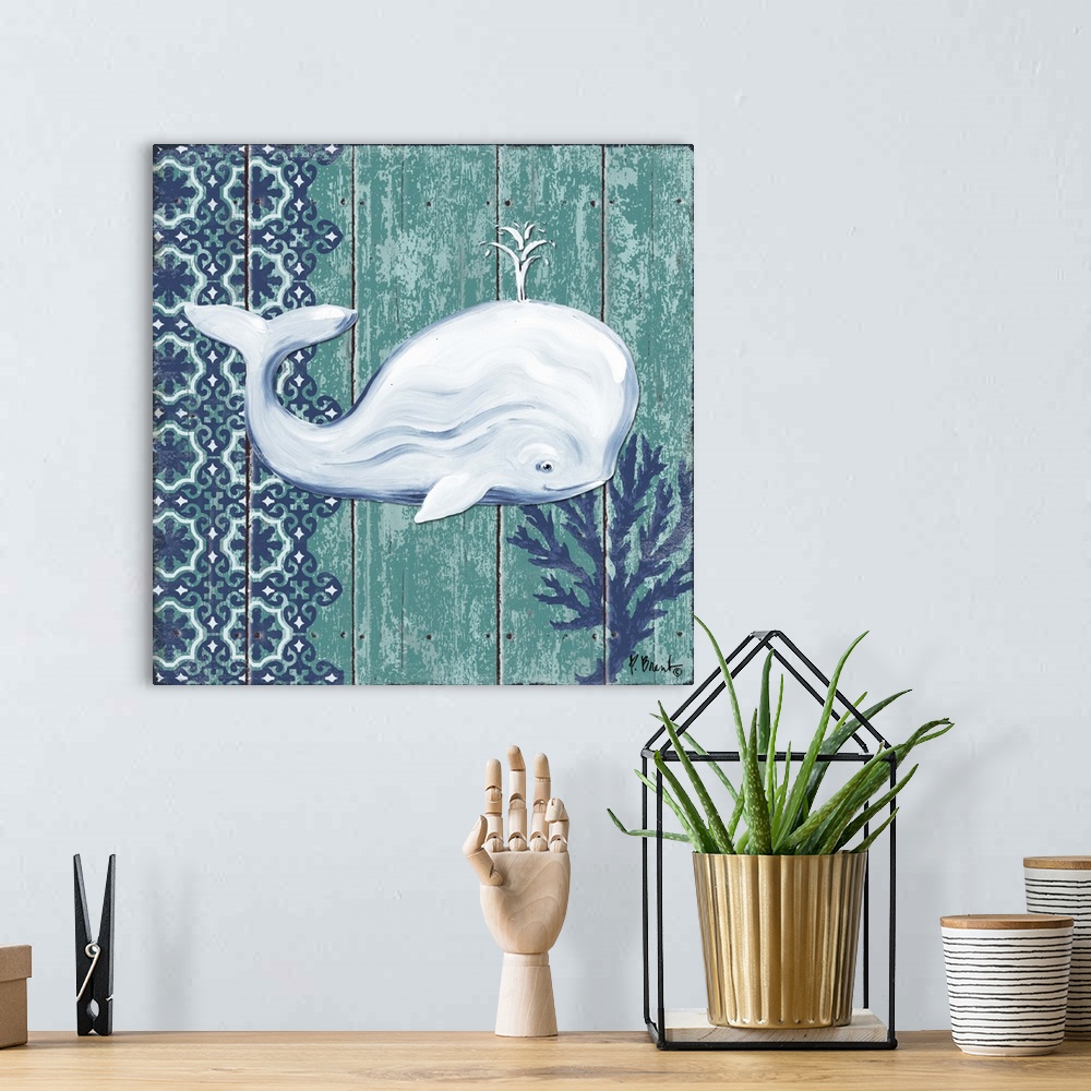 A bohemian room featuring Contemporary decorative artwork of a whale with a floral pattern on a textured panel background.