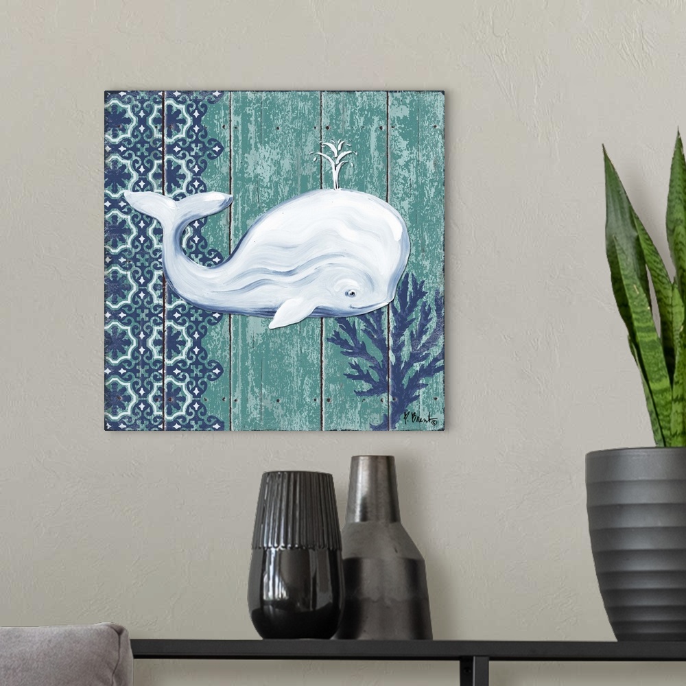 A modern room featuring Contemporary decorative artwork of a whale with a floral pattern on a textured panel background.