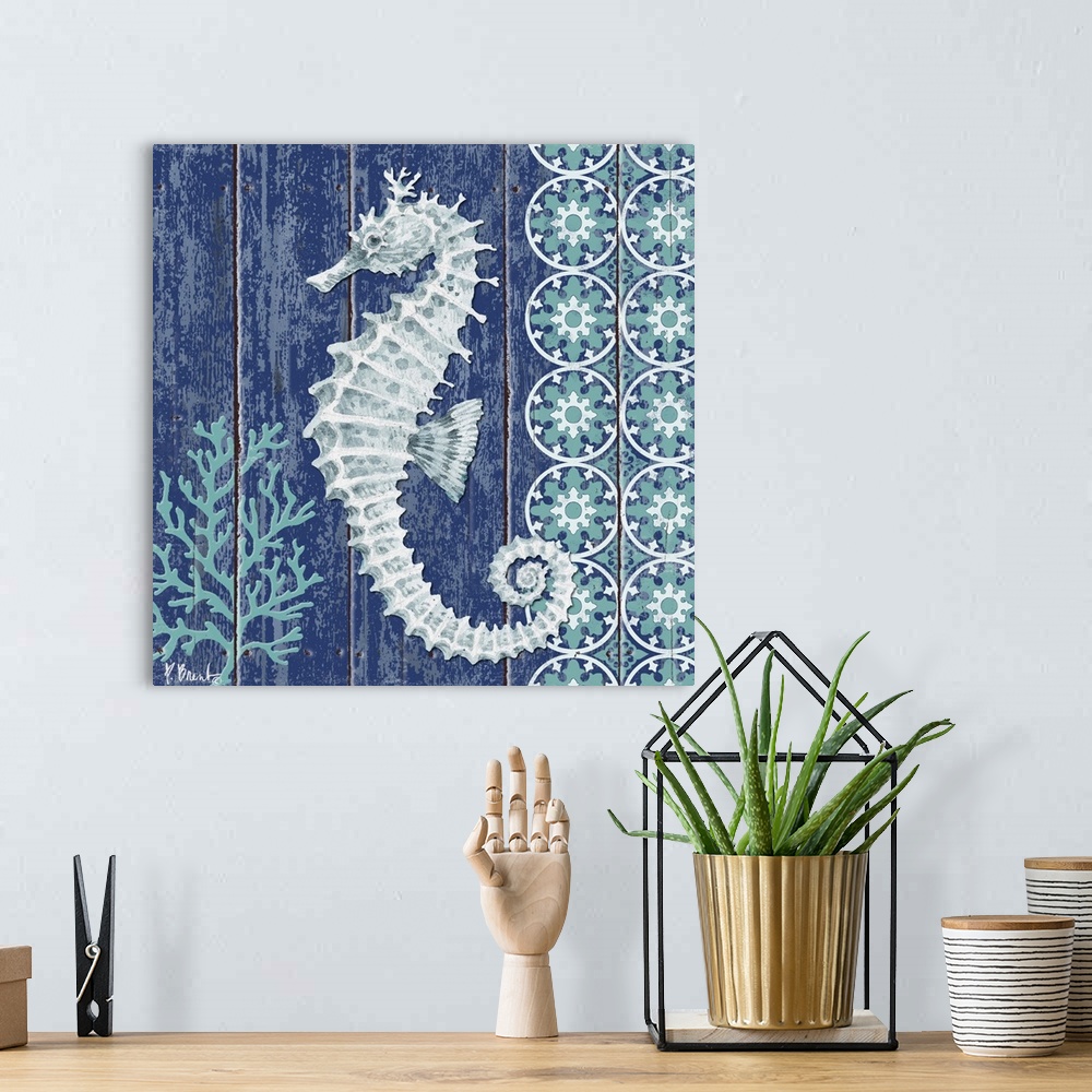 A bohemian room featuring Contemporary decorative artwork of a seahorse with coral and a floral pattern on a textured panel...