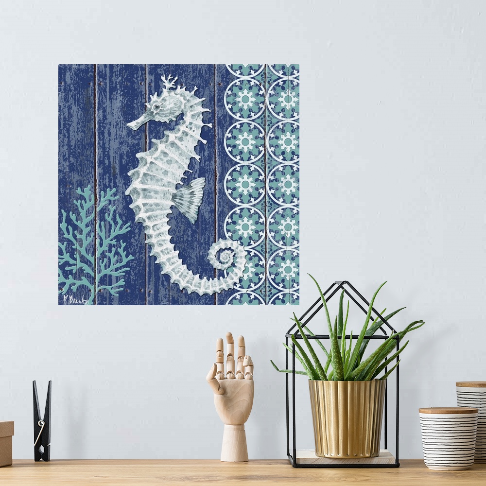 A bohemian room featuring Contemporary decorative artwork of a seahorse with coral and a floral pattern on a textured panel...