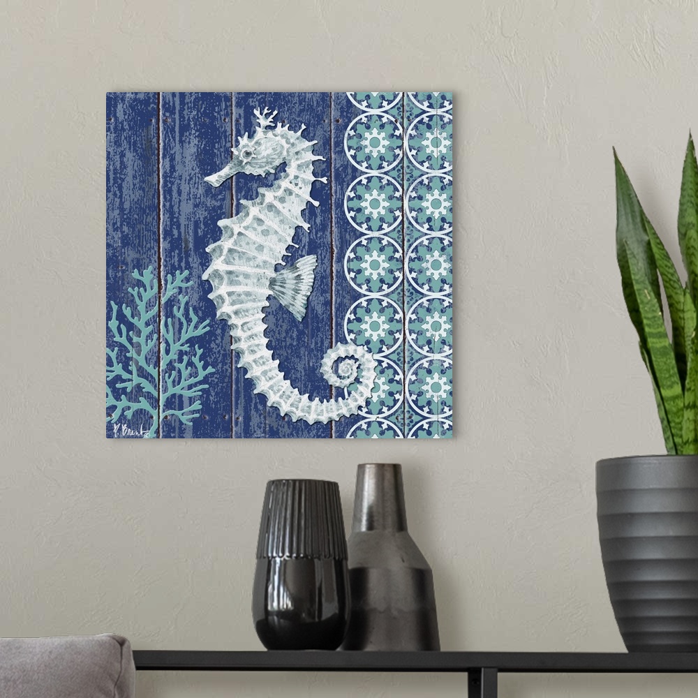 A modern room featuring Contemporary decorative artwork of a seahorse with coral and a floral pattern on a textured panel...
