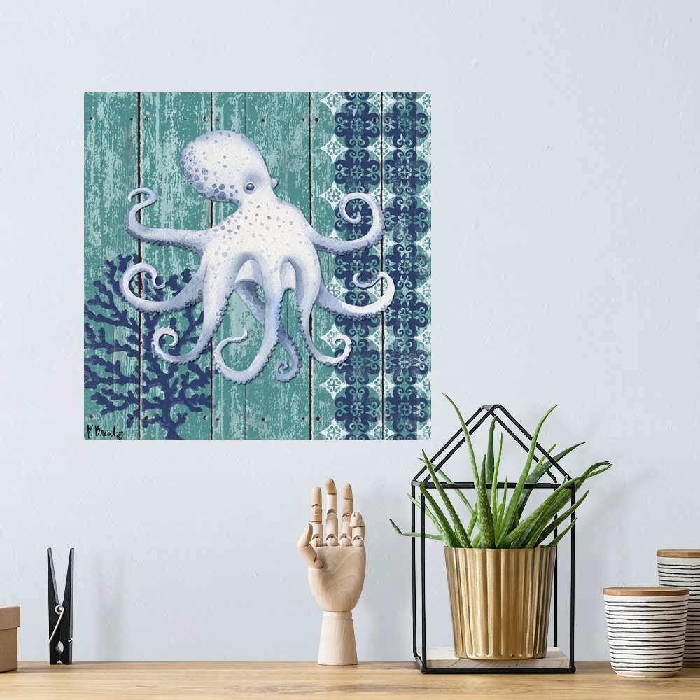 A bohemian room featuring Contemporary decorative artwork of an octopus with coral and a floral pattern on a textured panel...