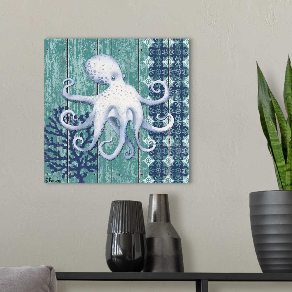 A modern room featuring Contemporary decorative artwork of an octopus with coral and a floral pattern on a textured panel...