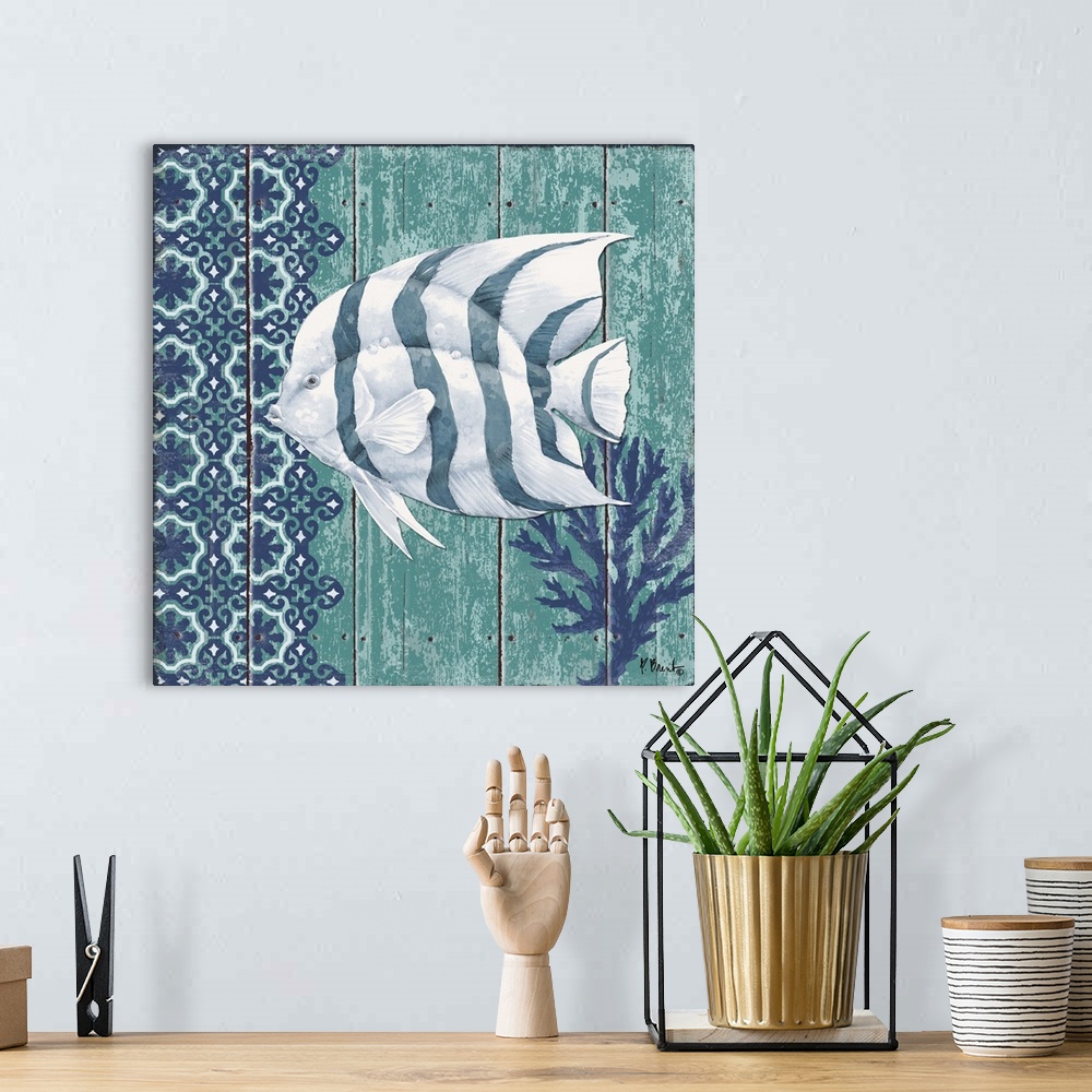 A bohemian room featuring Contemporary decorative artwork of an angel fish with coral and a floral pattern on a textured pa...