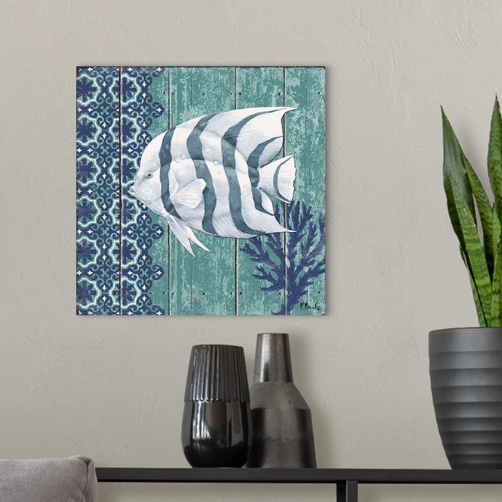A modern room featuring Contemporary decorative artwork of an angel fish with coral and a floral pattern on a textured pa...