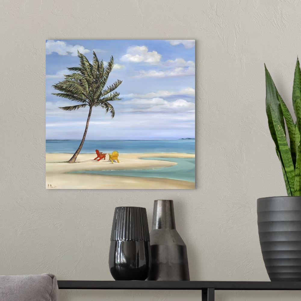 A modern room featuring Contemporary painting of a palm tree on a sandy beach with two beach chairs.