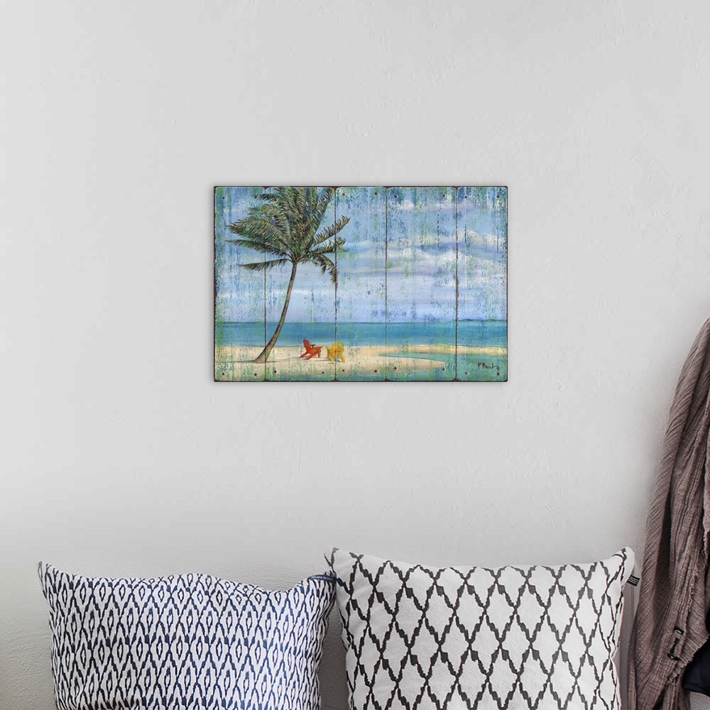 A bohemian room featuring Large decor with a painted beach scene on a faux wood background.
