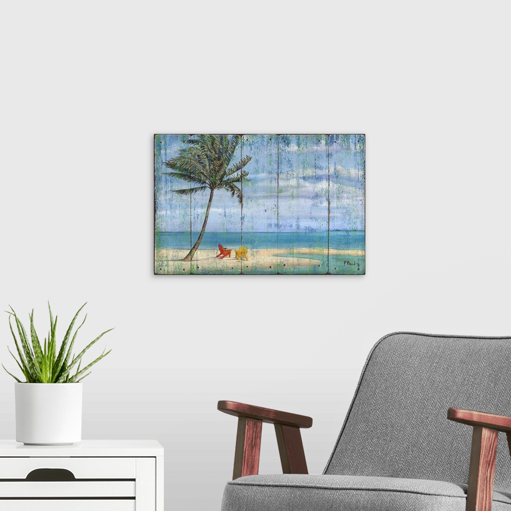 A modern room featuring Large decor with a painted beach scene on a faux wood background.
