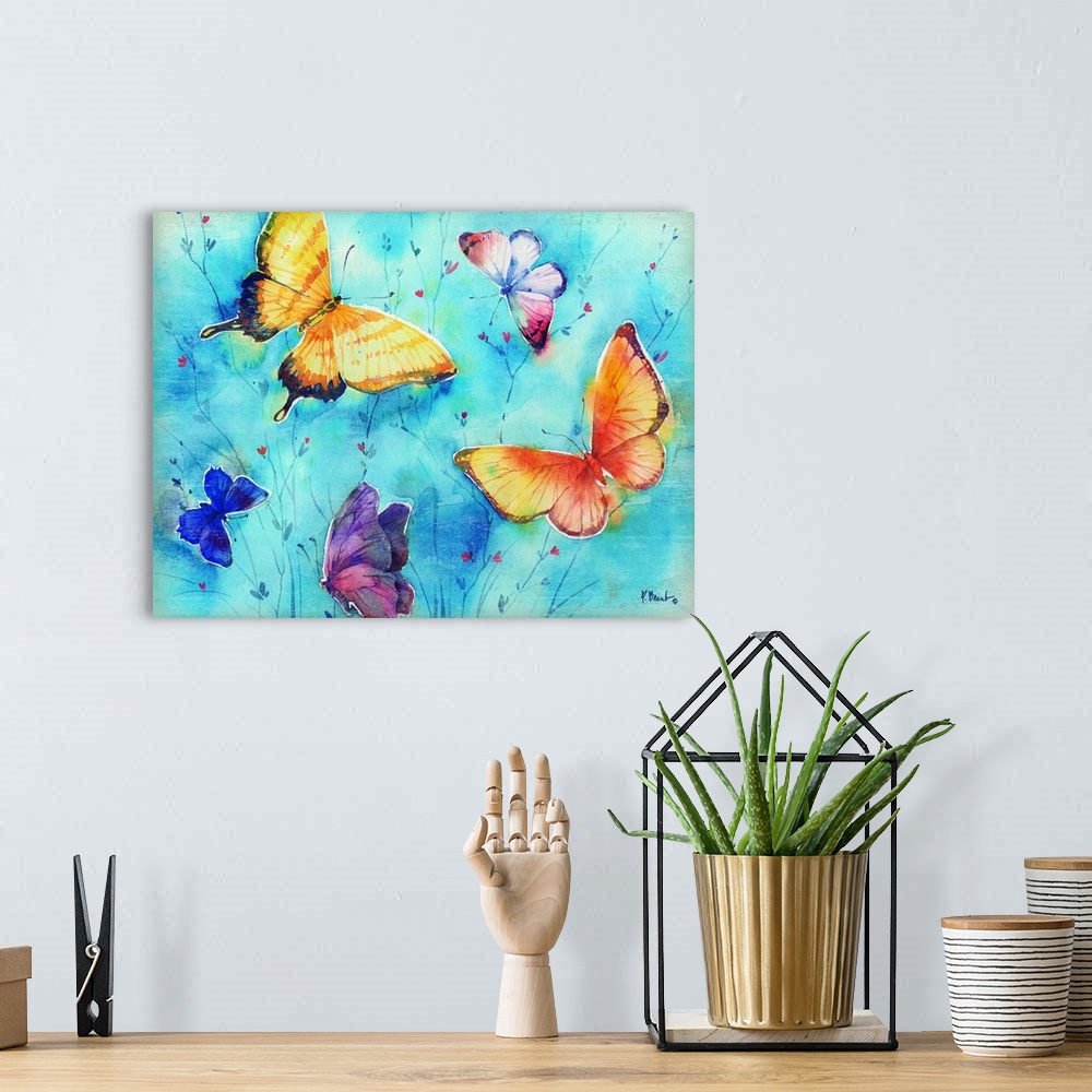 A bohemian room featuring Large watercolor painting of different colored butterflies on a light blue background with small ...