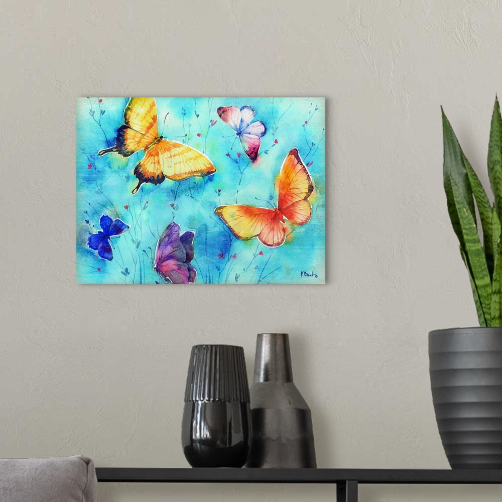 A modern room featuring Large watercolor painting of different colored butterflies on a light blue background with small ...