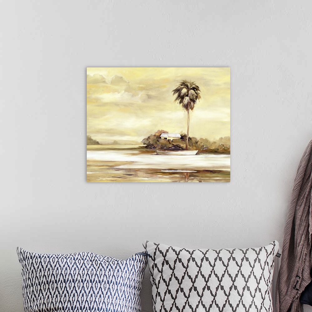 A bohemian room featuring Sepia-toned painting of a tall palm tree rising over a sandy beach.