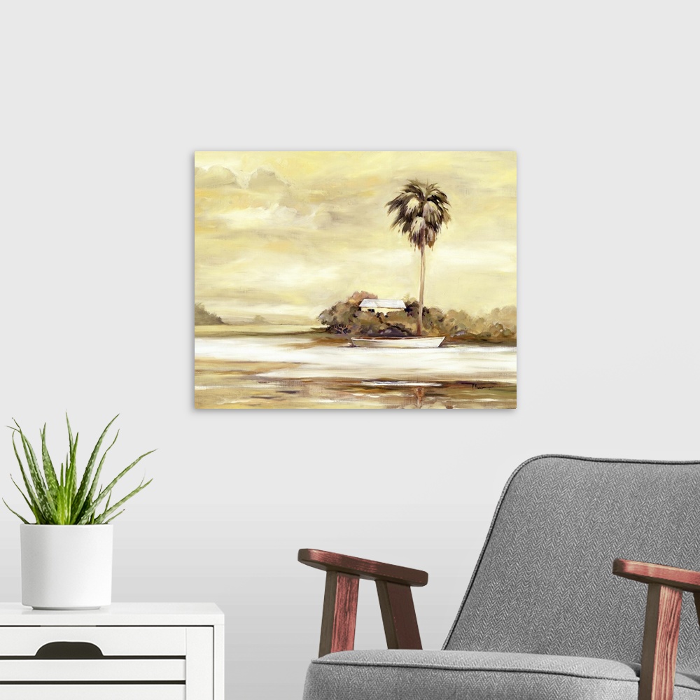 A modern room featuring Sepia-toned painting of a tall palm tree rising over a sandy beach.