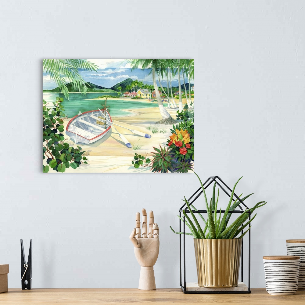 A bohemian room featuring Watercolor painting of a boat on a tropical beach with palm trees.