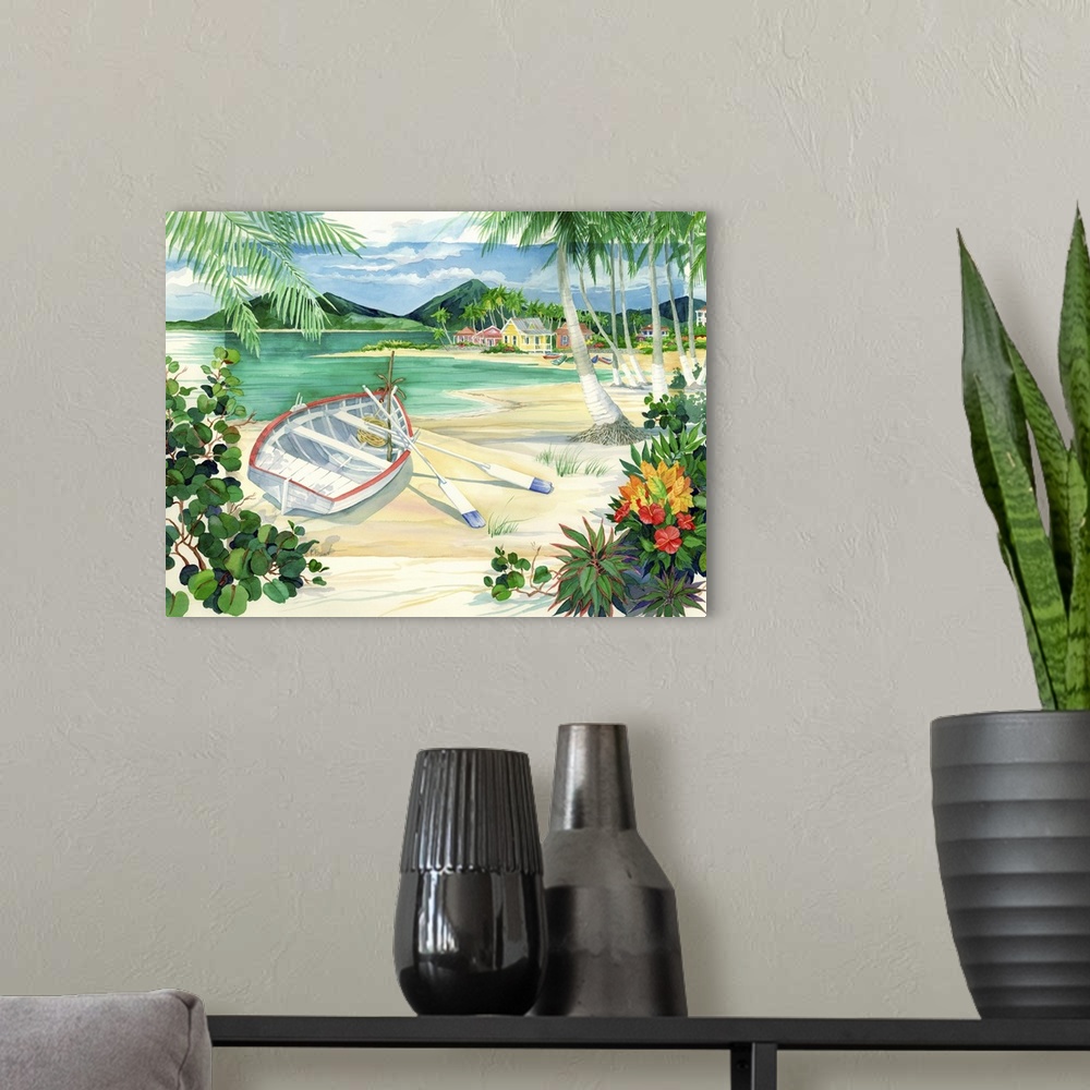 A modern room featuring Watercolor painting of a boat on a tropical beach with palm trees.