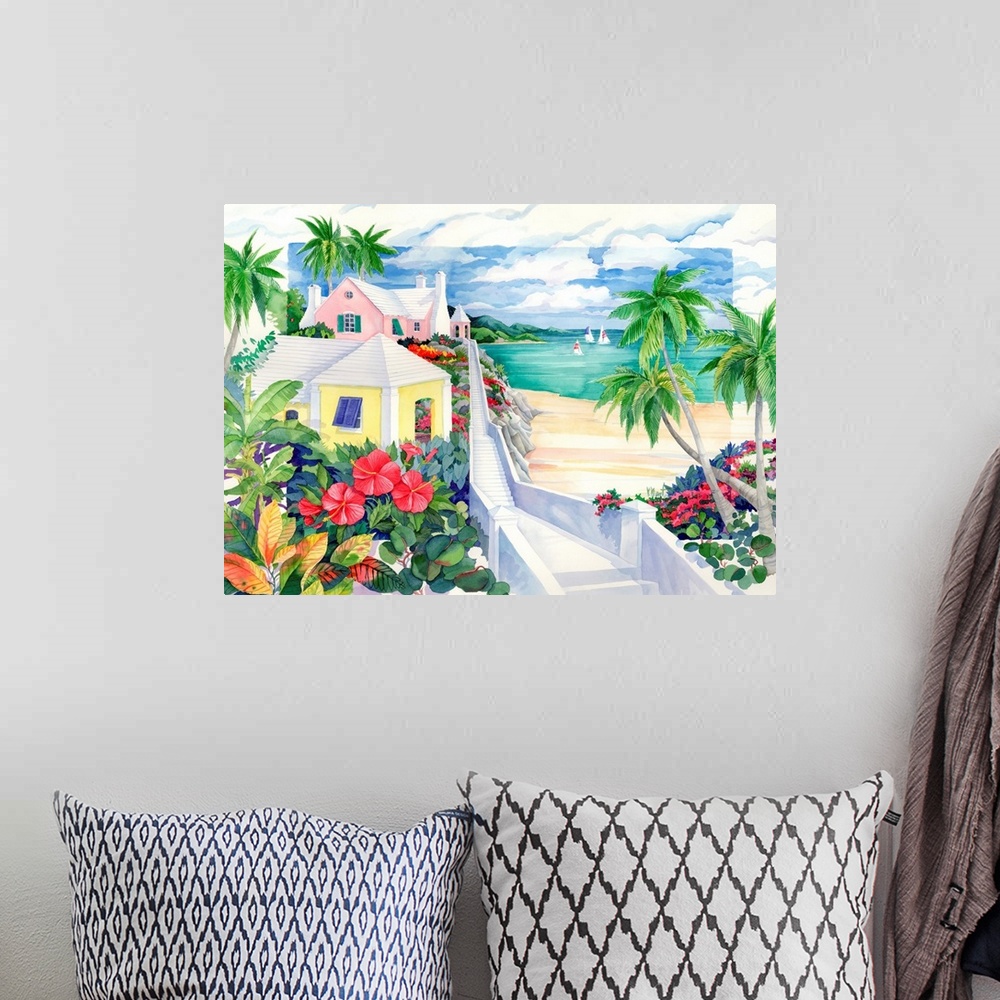 A bohemian room featuring Watercolor painting of a tropical resort town with palm trees.