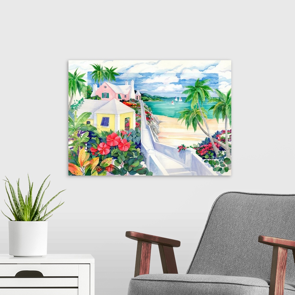 A modern room featuring Watercolor painting of a tropical resort town with palm trees.