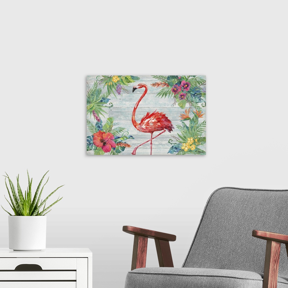 A modern room featuring Tropical decor with a painted pink flamingo in the center of a faux wood background surrounded by...