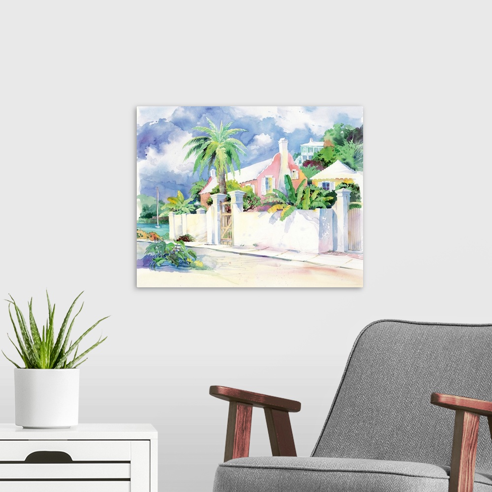 A modern room featuring Contemporary painting of a house on an island with stone walls and palm trees.