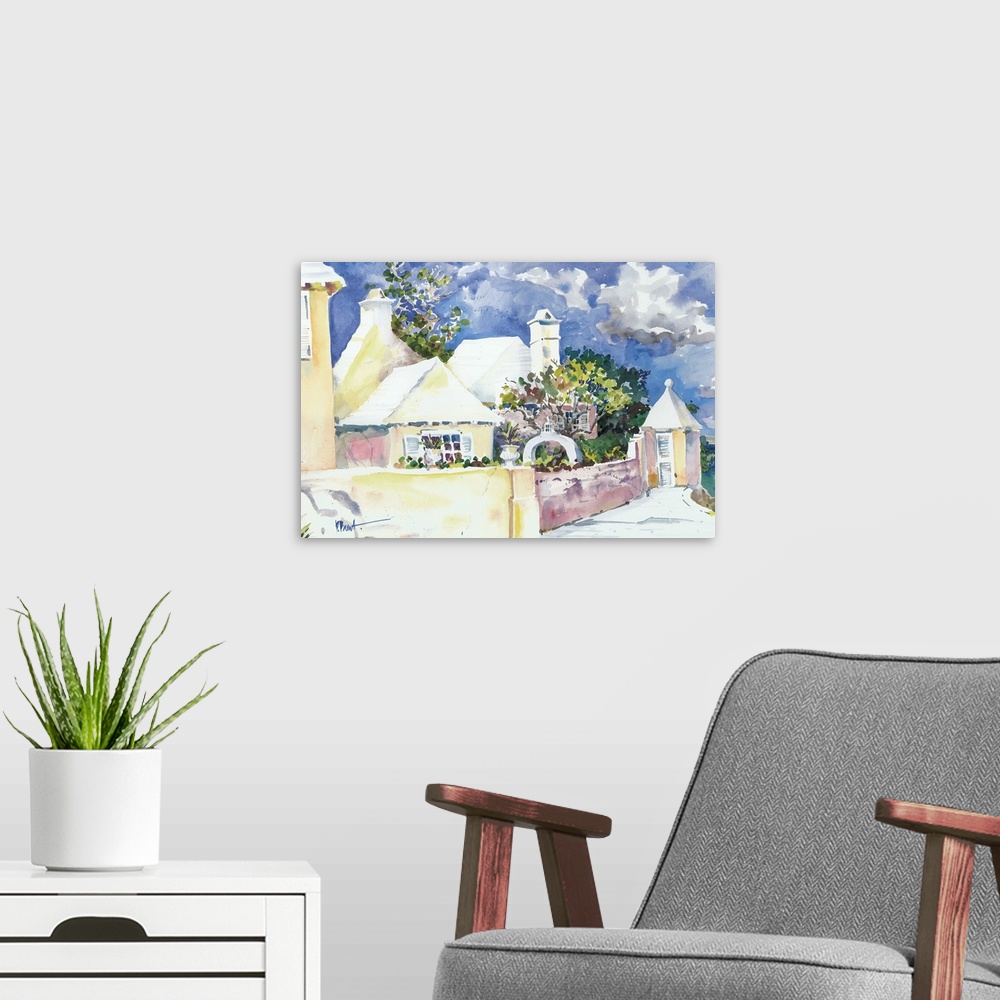 A modern room featuring Contemporary painting of a tropical community with stone walls and palm trees.