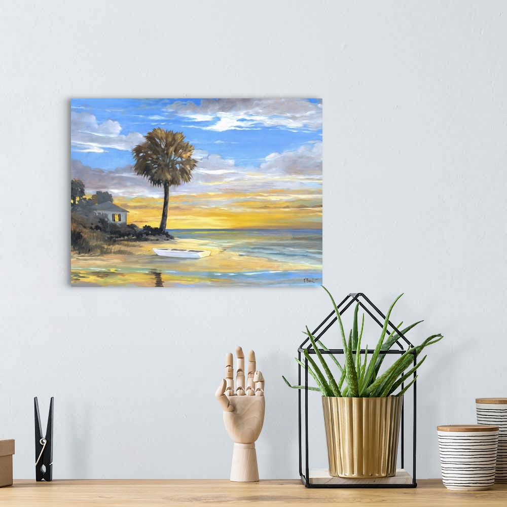 A bohemian room featuring Contemporary painting of a beach scene with a lone palm tree at sunset.