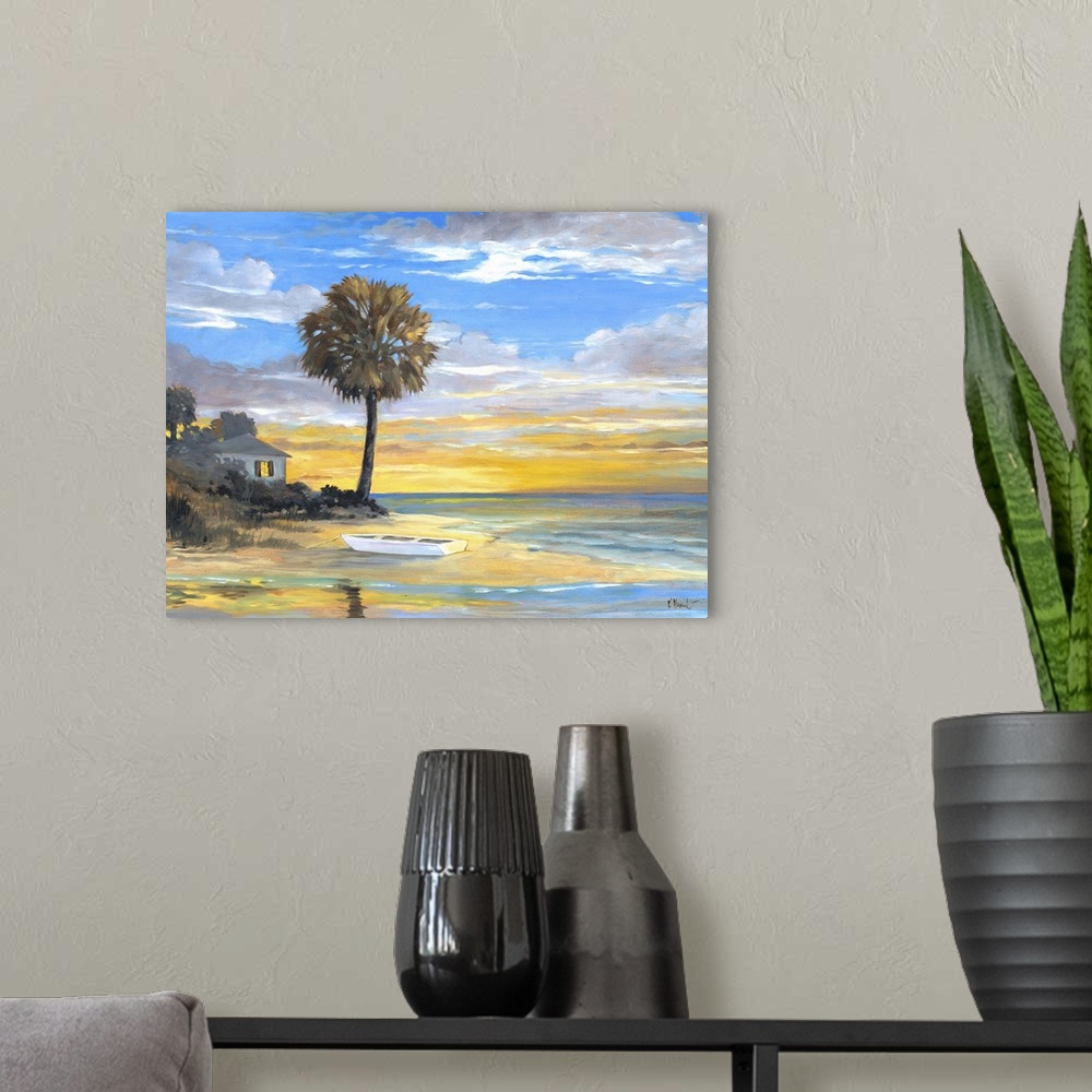 A modern room featuring Contemporary painting of a beach scene with a lone palm tree at sunset.