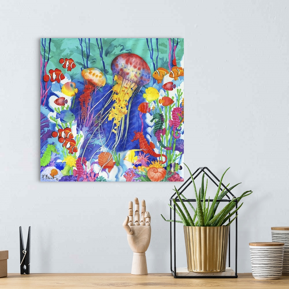 A bohemian room featuring Colorful square watercolor painting of an under the sea scene with jellyfish, fish, seahorses, an...