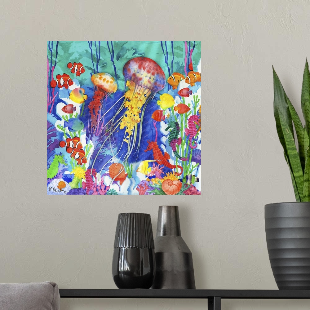 A modern room featuring Colorful square watercolor painting of an under the sea scene with jellyfish, fish, seahorses, an...