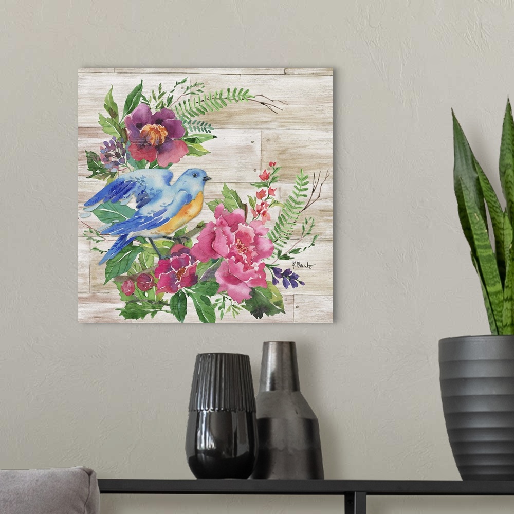 A modern room featuring Square decor with watercolor painted flowers and a blue and orange bird on a faux wood background.