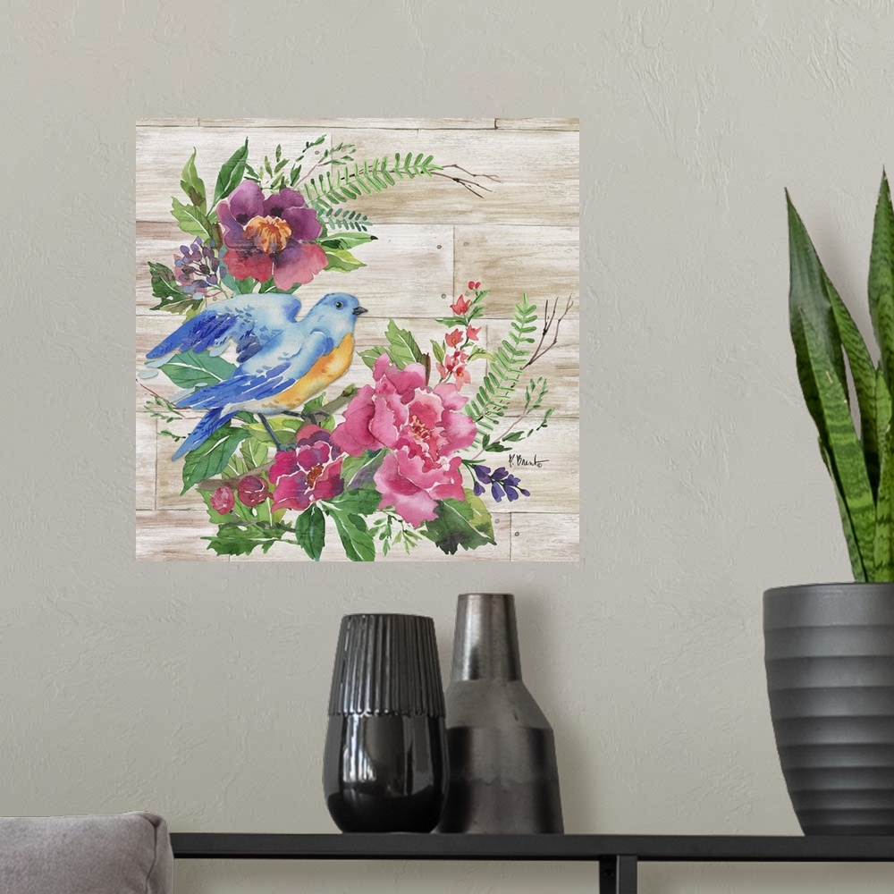 A modern room featuring Square decor with watercolor painted flowers and a blue and orange bird on a faux wood background.