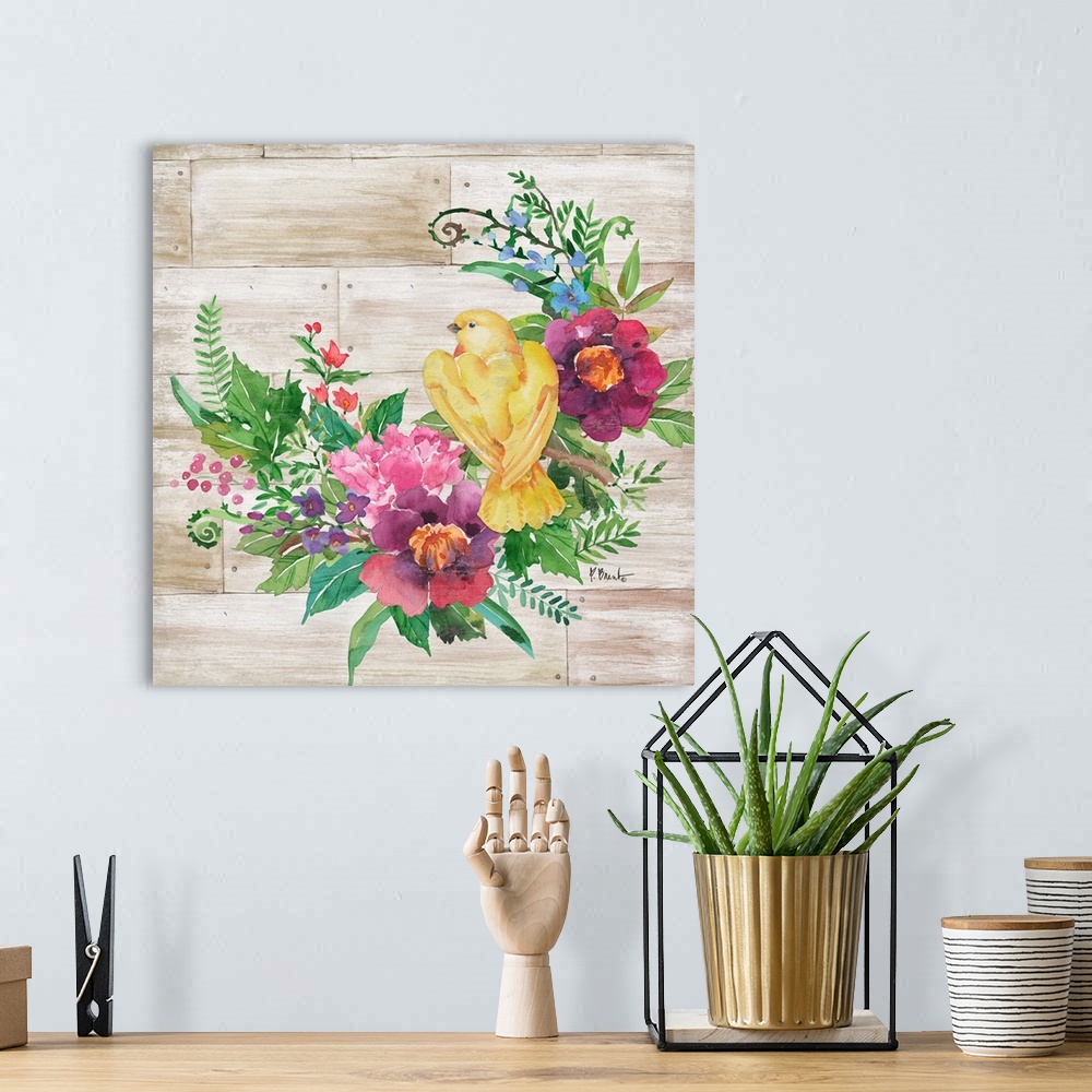 A bohemian room featuring Square decor with watercolor painted flowers and a yellow bird on a faux wood background.